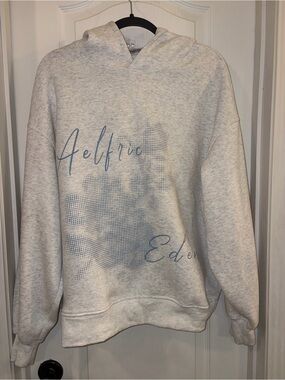 Aelfric Eden Light Gray Crewneck Sweatshirt with Blue Script Graphic